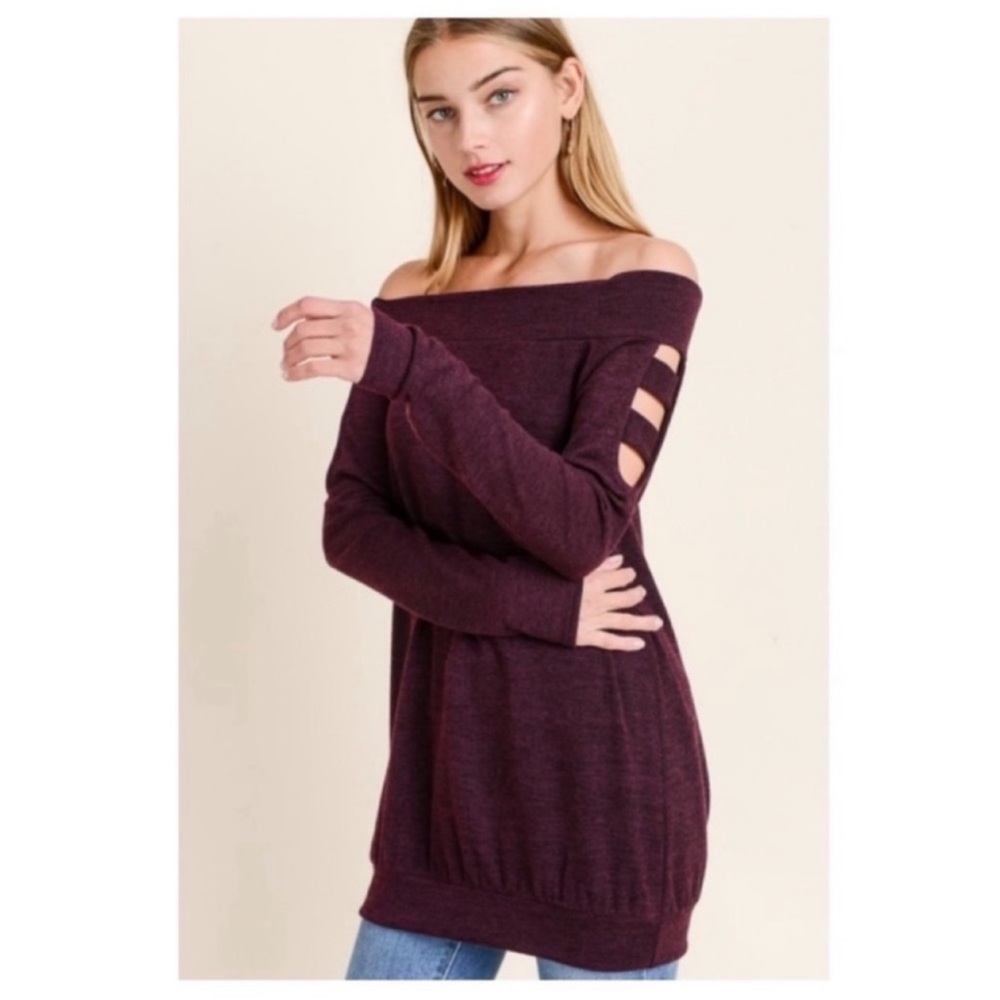 New Eggplant Color Off The Shoulder Knit Top With Cut Out Long Sleeves